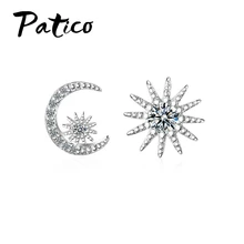 Новинка, асимметричный дизайн, женские серьги-гвоздики с лунным солнцем, 925 пробы, серебро, сияющий CZ Кристалл, трендовые свадебные украшения, подарок