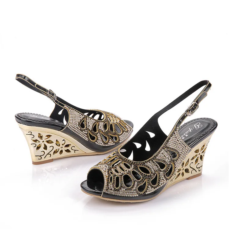 G-sparrow 2018 New Summer Diamond Roman Peep Toe Crystal Stiletto High Heel Shoes Women Rhinestone Wedges Sandals36
