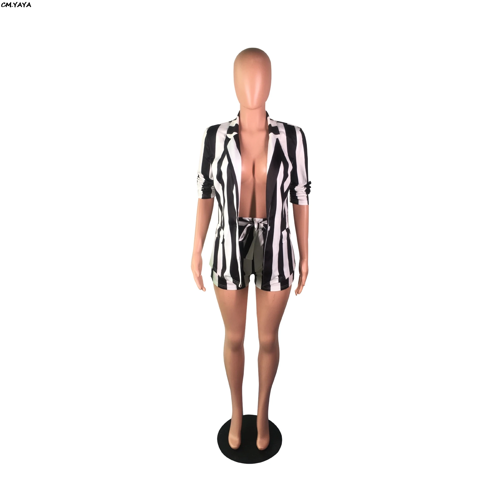 Новинка, женский летний блейзер в черно-белую полоску, топ и шорты, комплект из двух предметов, сексуальный модный спортивный костюм для вечеринки, GLYZ1098