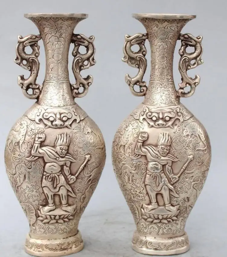 

6711016++12" Chinese Silver WuSong Warrior Flight Tiger Two Dragon Vase Bottle Pot Pair