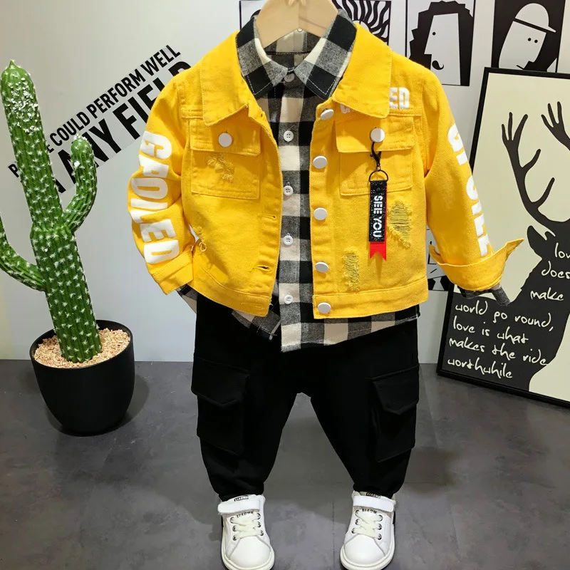 Джинсовая куртка для мальчиков; коллекция года; сезон весна-осень; джинсовая куртка для детей; Корейская одежда; детская куртка; одежда для малышей; Верхняя одежда; пальто - Цвет: 3pcs set