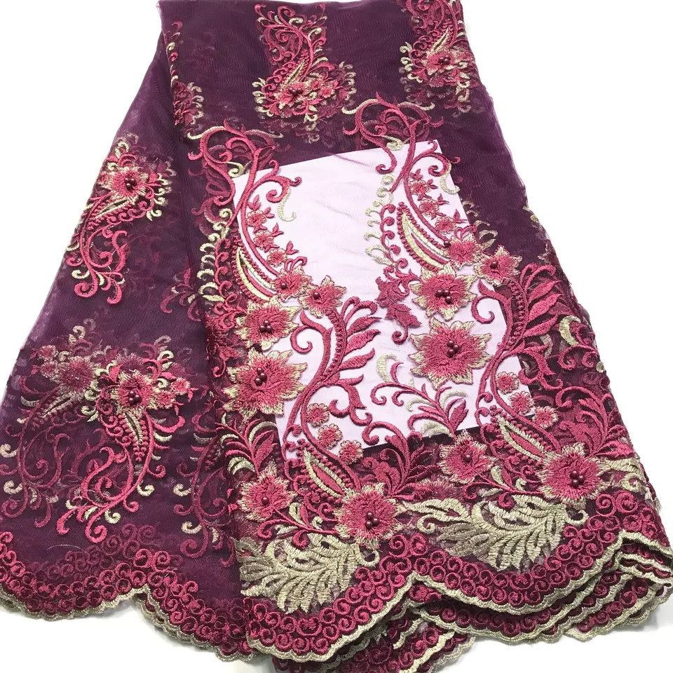 

Fashion African Lace Fabric High Quality Pink Lace Nigerian Lace Fabric 2019 High Quality Lace With Beaded 5yards M31191