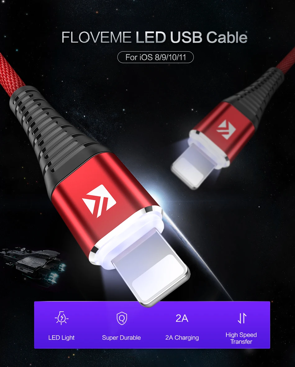 FLOVEME светодио дный для кабель Lightning/USB для iPhone X XS Макс Быстрый Зарядное устройство зарядный USB-Дата-кабель для IPad iPhone 6S провода шнура провод для зарядки зарядка для айфона провод для зарядки айфона