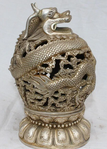 

18CM Chinese Silver White Copper Bronze Dragon Incense Burner Censer Statue R0707