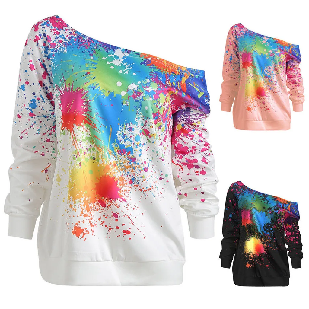 

KLV Fashion Women Skew Neck Long Sleeve T-shirt Female Paint Splatter Print Sweatshirt Top Hot 2019 Drop Ship 1.23
