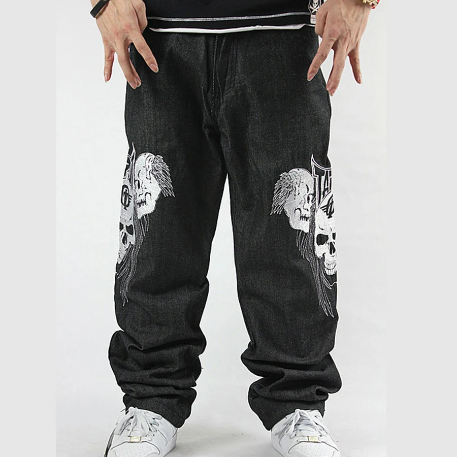 Skull Embroidery Black Denim Pants Men Straight Casual Hip Hop Japanese ...