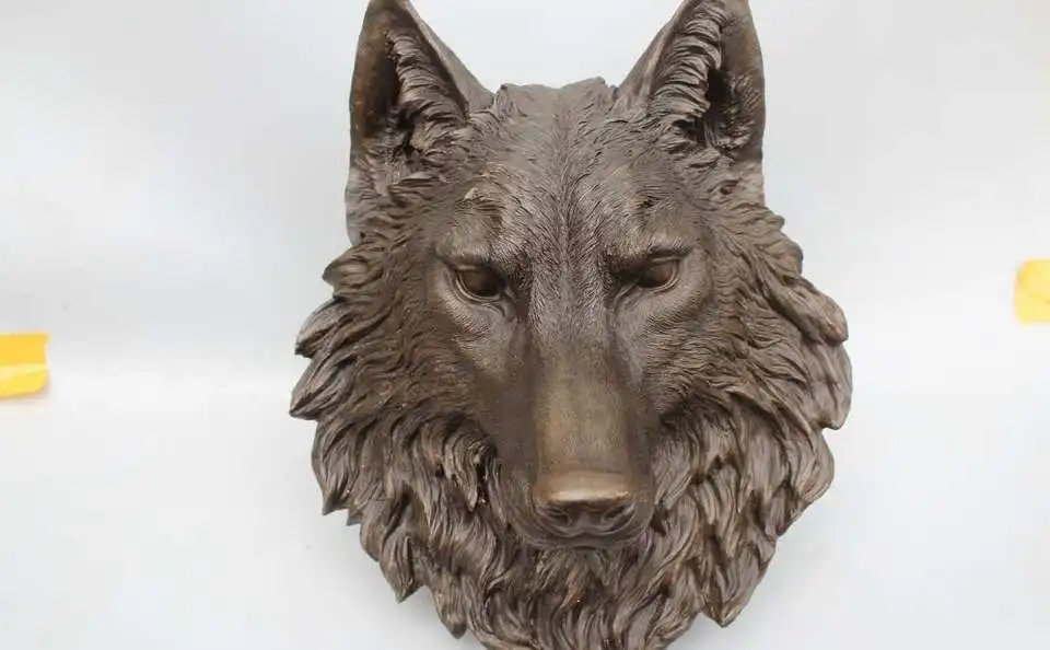 

12"Chinese Art Pure Bronze refined Carved ferocity wolf Head Statue sculpture
