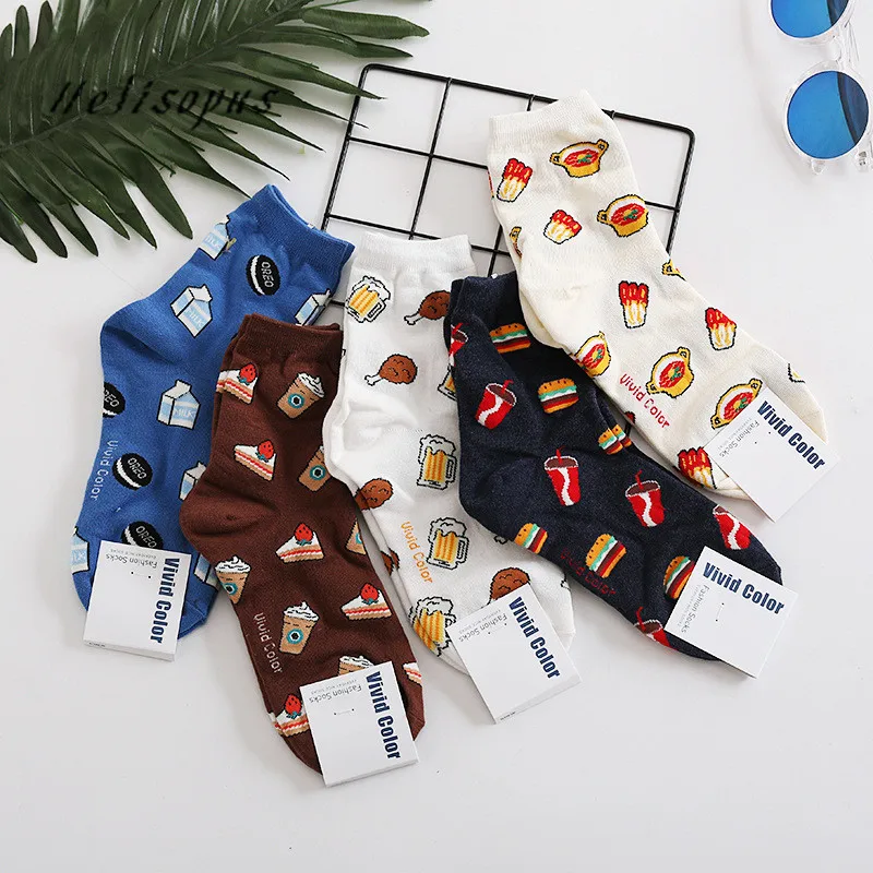 

Helisopus Women Short Socks Ladies Autumn Winter New Street Printed Snacks Milk Cola Ice Cream Funny Socks Women Cotton Socks