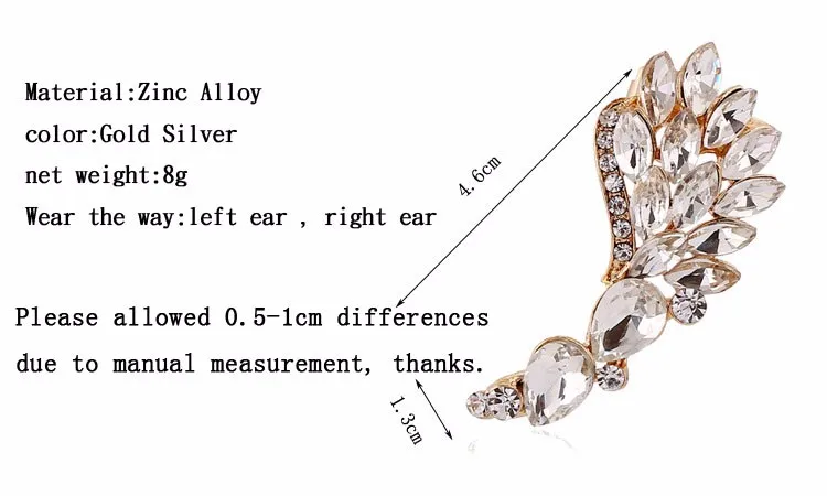 ZLDYOU Модный популярный женский полный стразы кафф в виде крыла перо позолоченное серебро большой циркон зажим для наушников Серьги