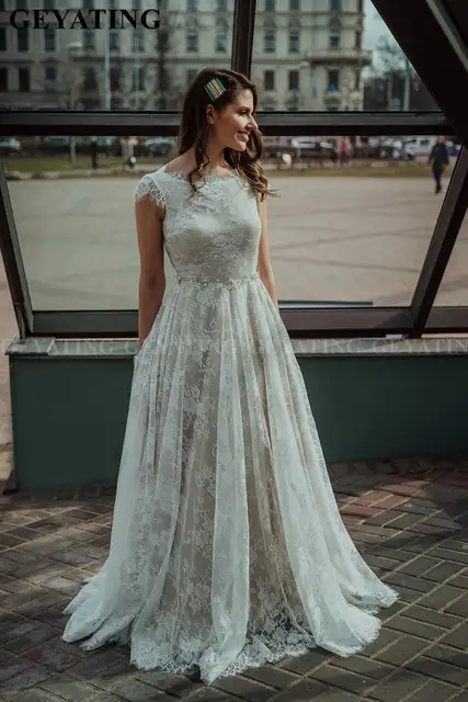 Boho Plus Size Beige Lace Wedding Dress 2020 Rustic Long Country