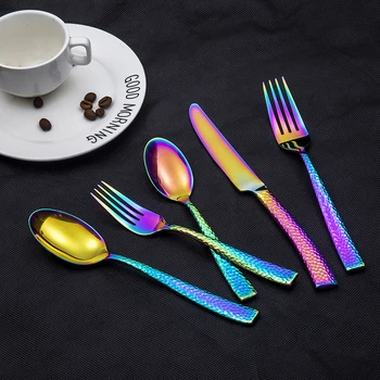 

Stainless Steel Dinnerware Set Engraved Handle Tableware Set Cutlery Western Food Staek Scoop Main Fork Colorful Set 5pcs/Set