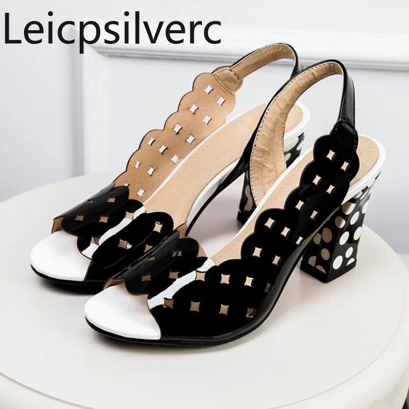 

Women's sandals Spring and summer new style Hollow Open toe Thick heel High heel Women's shoes black white plus size 33-43