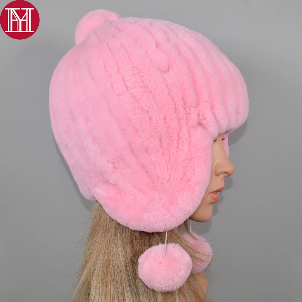 Открытый Теплый Настоящий мех кролика шапочки шапки для женщин Настоящий мех кролика Skullies шапка Эластичный вязаный натуральный шапки из меха кролика рекс