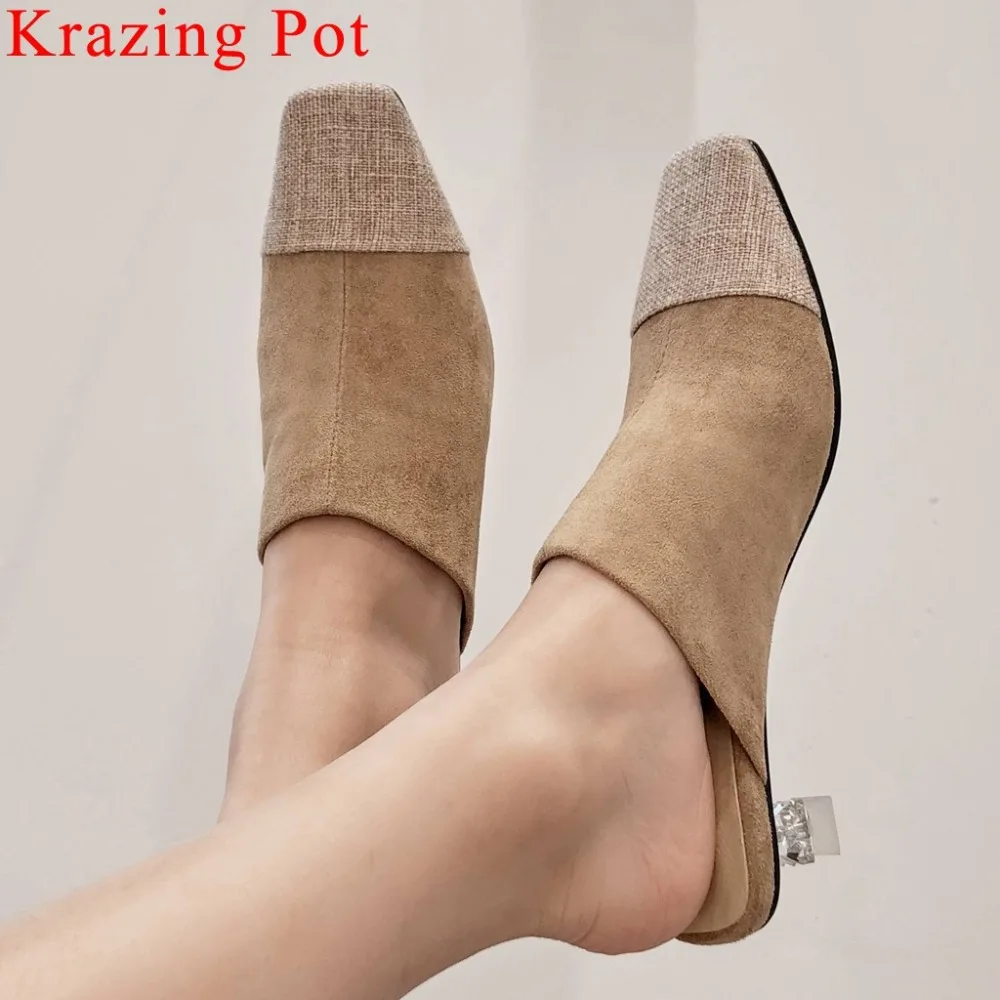 

Krazing Pot genuine leather crystal low heels slip on mules square toe elegant lady superstars patchwork slingback pumps L82