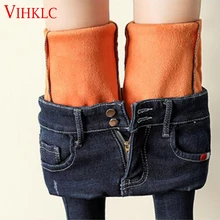 Зимние толстые эластичные теплые джинсы женские плюс размер сексуальные флисовые джинсовые брюки женские Синие Большие размеры ковбойские узкие бархатные брюки C453