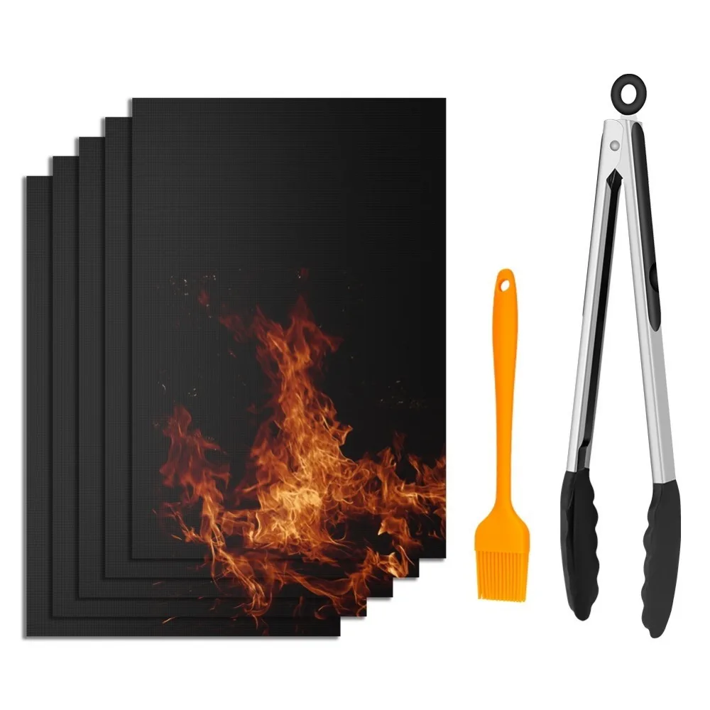 

5PCS Reusable Non-Stick BBQ Grill Mat Pad Baking Sheet Meshes Outdoor Picnic Cooking Barbecue Tool Sets with Brush BBQ Clip Tong
