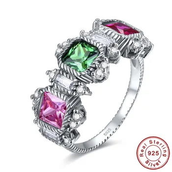 

J.C Lady's Luxury Wedding Genuine Blue & Emerald Ruby Pink Topaz Fine Jewelry 100% Solid 925 Sterling Silver Ring Size 6 7 8 9