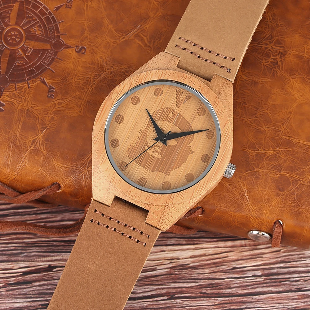 Novel Che Guevara Bamboo Wooden Men Wrist Watch Handmade from Real Wood Creative Watches Genuine Leather Band Strap Timber Clock (2)