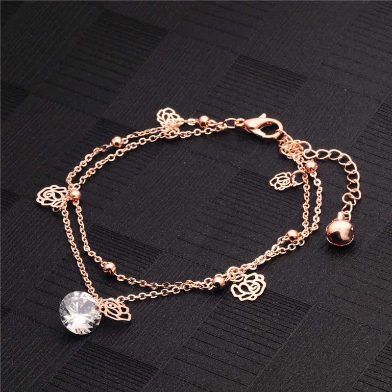 

MISANANRYNE Hot Gold Color Double Layer Crystal Anklets Hollow Rose Flower Ankle Bracelet Women Beach Foot Jewelry