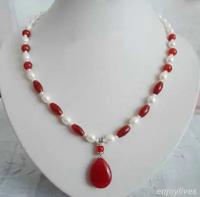 

Wholesale FREE SHIPPING >>> Genuine White Pearl Red stone Pendant & Necklace