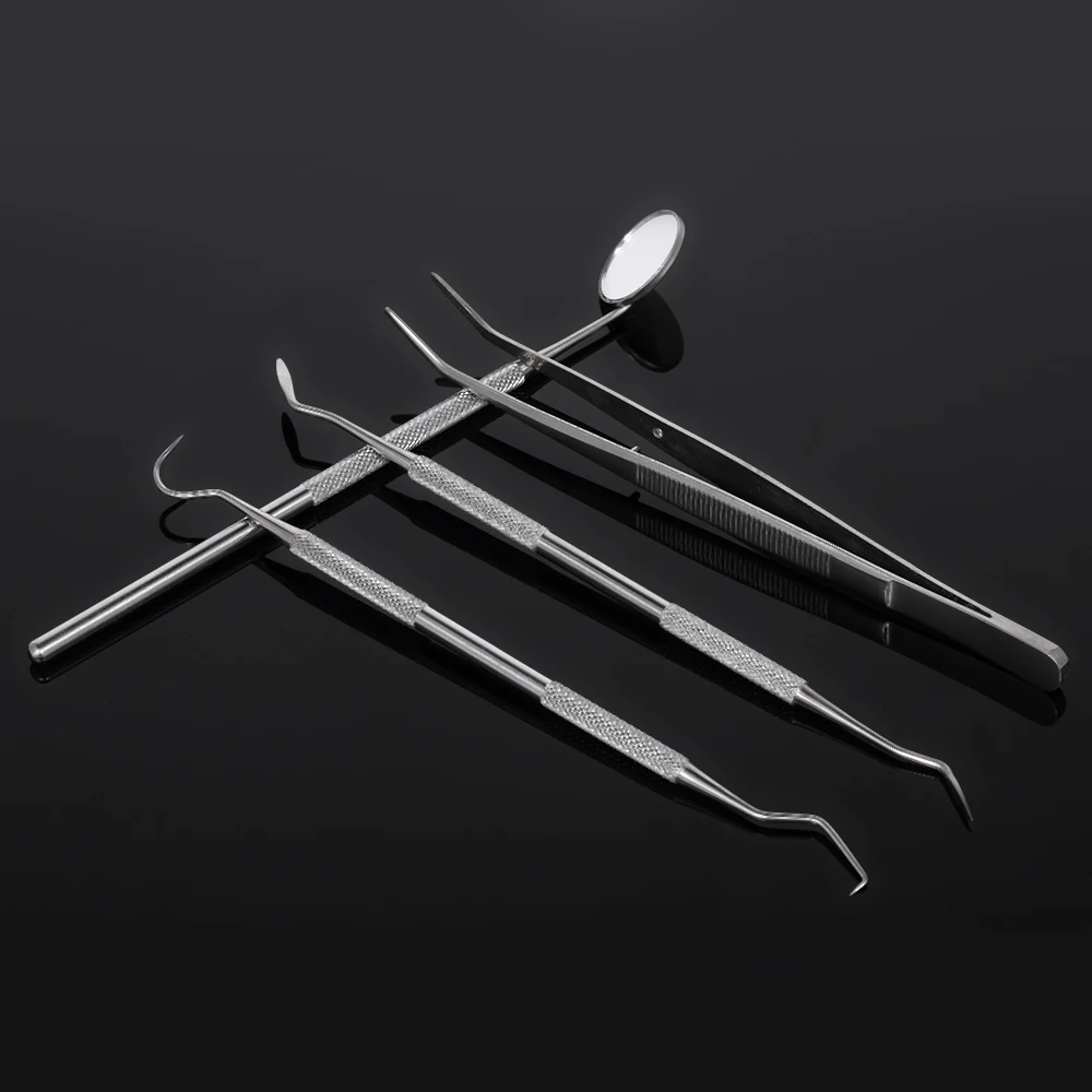 4pcs Stainless Steel Dental Hygiene Instruments Kit Mouth Probe Mirror