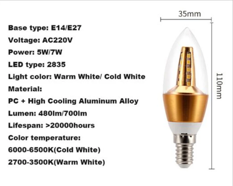 Светодиодный светильник-свеча, 5 Вт, переменный ток, 220 В, SMD, 2835 E, 14 E, 27, базовый светодиодный светильник, люстра, настольная лампа, внутреннее освещение, блестящее золото