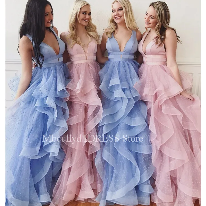 

Sexy V Neck Tulle Long Prom Dresses 2019 New Ruffled Puffy A-line Pink Yellow Evening Gowns Vestido De Festa Cheap Custom Made