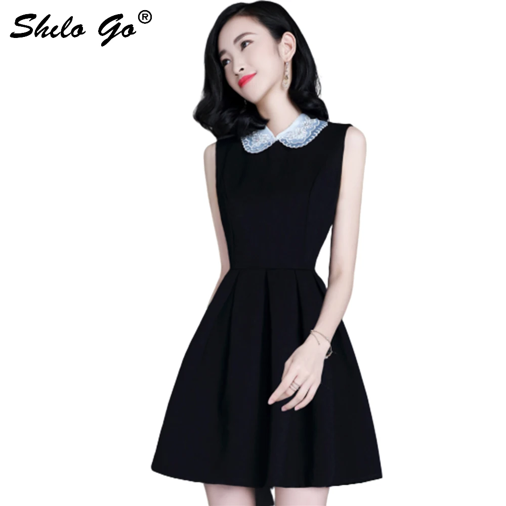 

Elegant Black Dress Women Pearl Embellished Party Dress Zip Fit Sleeveless Sleeve Beading Peter pan Collar Skater Dresses Female