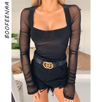 

BOOFEENAA Mesh Patchwork Long Sleeve Square Neck Black Bodysuit Women Rompers Club Sexy Tops Body Suits Autumn 2019 C83-H50
