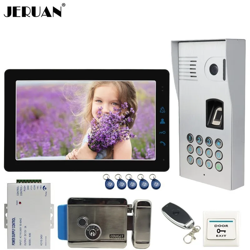 JERUAN 9 Inch Video Doorbell Door Phone Intercom System Metal Fingerprint Code Keypad Waterproof RFID Access Camera with Lock