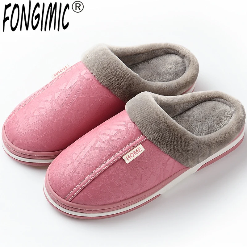 

FONGIMIC Women Slippers Cotton Warm Indoor Leather New PU Slippers Women's Winter Large Size Warm Waterproof Home Pink Red