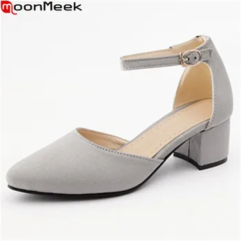 

MoonMeek new fashion round toe pumps women shoes high heels flock with buckle square heel shoes pink black dress woman shoes