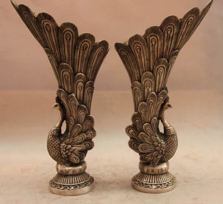 

S1311 China White Copper Silver Peacock peafowl peahen Phoenix Birds Zun Cup Vase Pair D0317