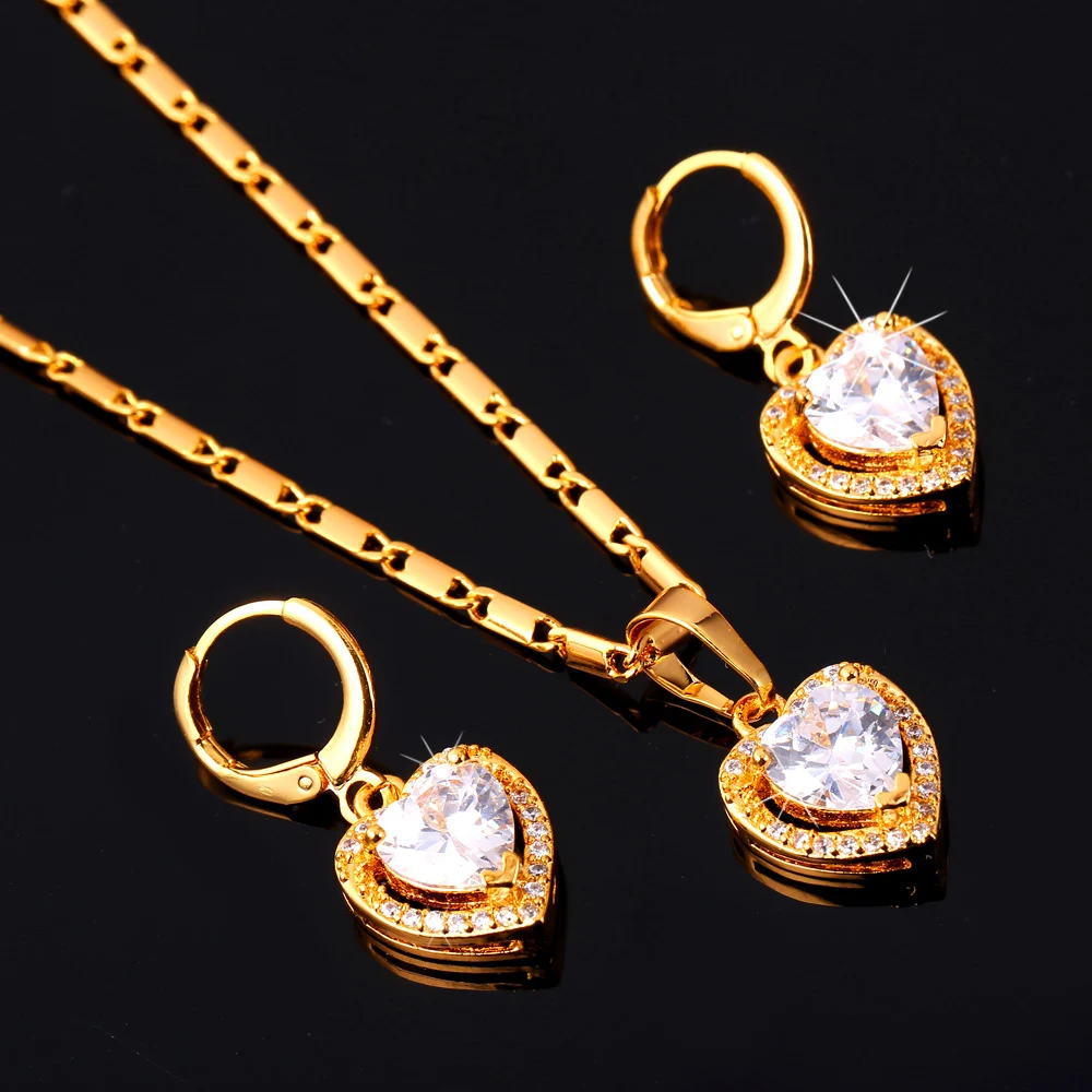Kpop Cubic Zirconia Love Heart Necklaces & Pendant Earrings Set Fashion