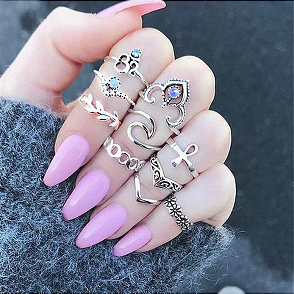 

KISSWIFE 10 Pcs/Set Bohemian Ring Vintage Rings Leaves Twisted Flower Cross Ring For 2018 Fashion