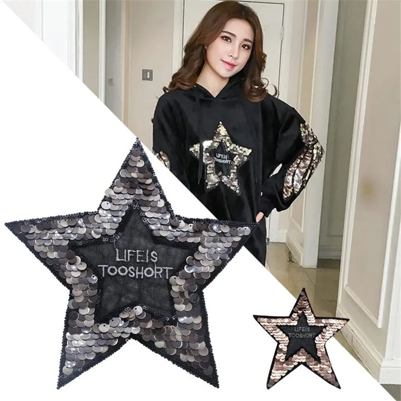 

T shirt Women patch sequins 24cm letters star deal with it biker patches for clothing stickers 3d t shirt mens free shipping