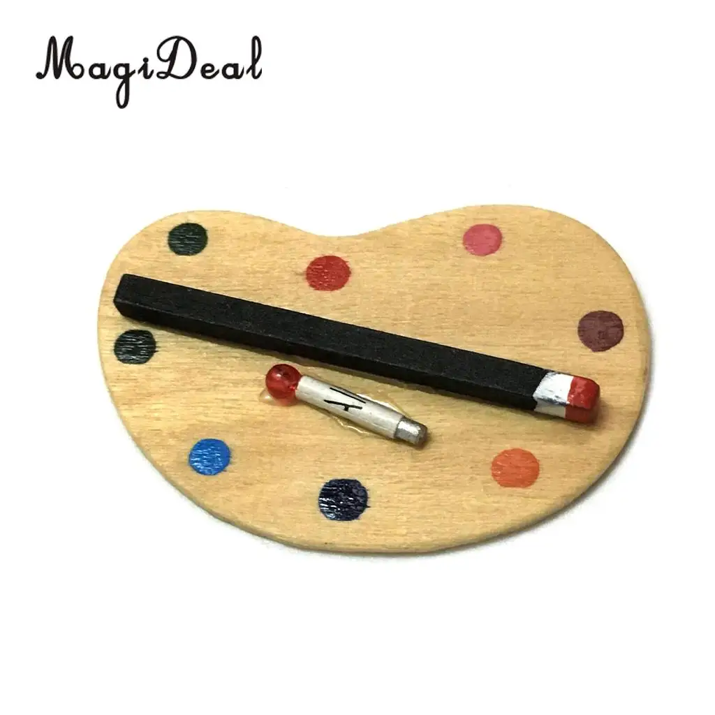 MagiDeal Colorful 1Set 1/12 Scale Dolls House Miniature Artist Paint Palette&Brush for School Classroom Painting Kids Play Toy 