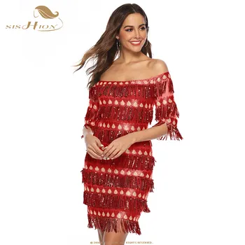 

SISHION Layered Tassel Dress Women 2019 New Summer Sexy Sequin Tassel Dress QY0098 Short Sleeve Slash Neck Dresses Plus Size