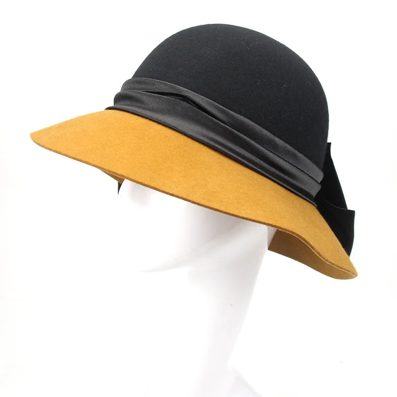 

Vintage Hat For Women 100% Wool Felt Wide Brim Elegant Fedoras Handmade Bowknot British Style Lady Formal Hat M139