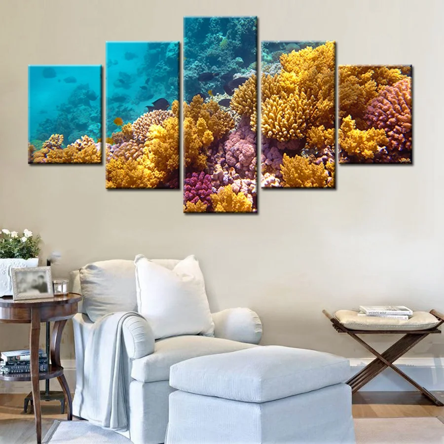 Artwork Poster Seascape Colorful Coral Reefs Deep sea Fish 5 Panels