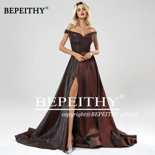 BEPEITHY Robe De Soiree длинное вечернее платье с открытыми плечами, элегантные вечерние платья с разрезом, блестящее сексуальное платье для выпускного вечера - Цвет: Бургундия