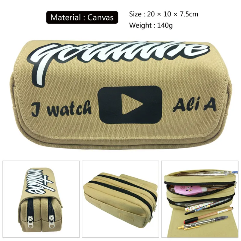 

2 Colors Black/Khaki Youtubo Pen Bags Double Zipper Pencil Bag Pencil Case Stationery Container School Supplies Canvas 20cm