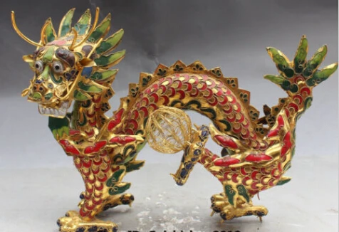 

JP S0056 8" Chinese Fengshui Bronze Gilt Zodiac Year Animal Dragon Play Bead Ball Statue