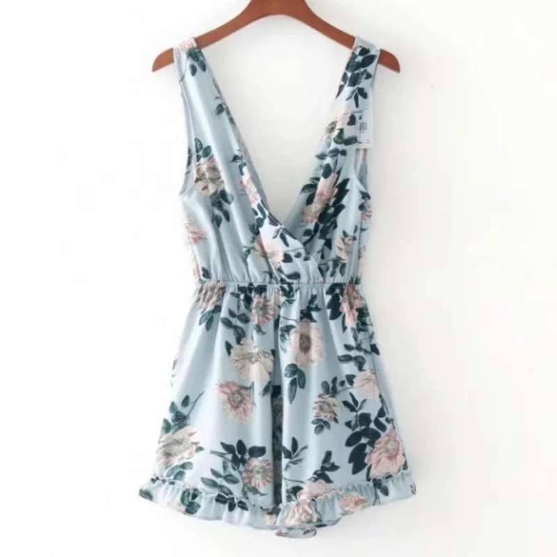 

2018 casual lady flower printing deep v neck vest sling conjoined shorts fashion women strapless jumpsuits siamese pants D976