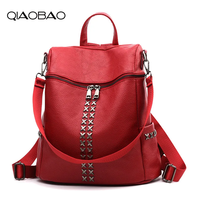 

QIAOBAO Simple Style Backpack Women PU Leather Backpacks For Teenage Girls School Bags Fashion Vintage Solid Black Shoulder Bag