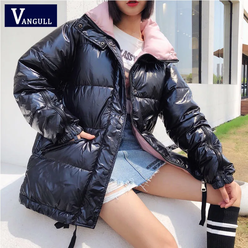 

Vangull Women Black Parkas Minimalist Casual Shiny Solid Zipper Up Puffer Coat 2019 Warm Winter Go Out Thermal Padded Outerwear