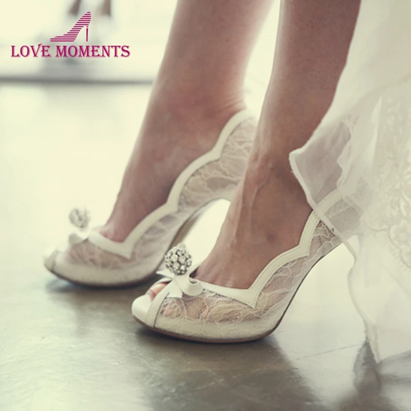 white lace peep toe heels