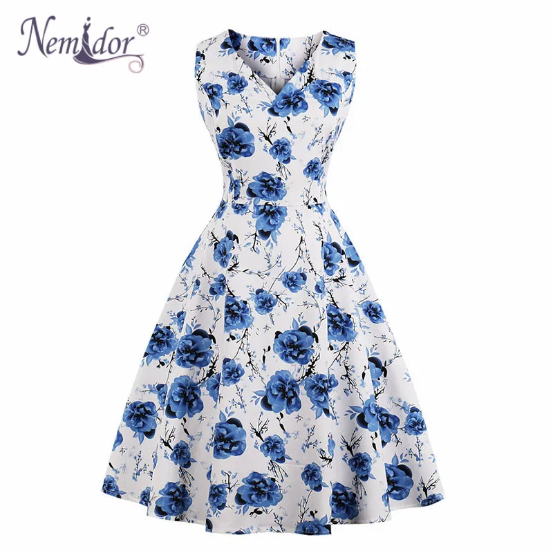 

Nemidor 2019 New Arrival Women Sexy V-neck Patchwork A-line Swing Dress Vintage Sleeveless Rockabilly Plus Size Midi Party Dress