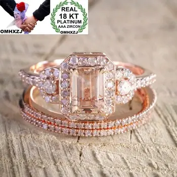 

OMHXZJ Wholesale European Fashion Woman Man Party Wedding Gift Luxury Rectangle White AAA Zircon 18KT Rose Gold Ring Set RR511