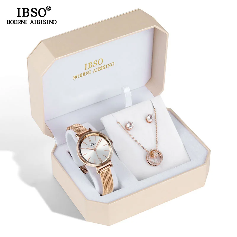Женский комплект ювелирных изделий IBSO из розовых и золотых часов сережек